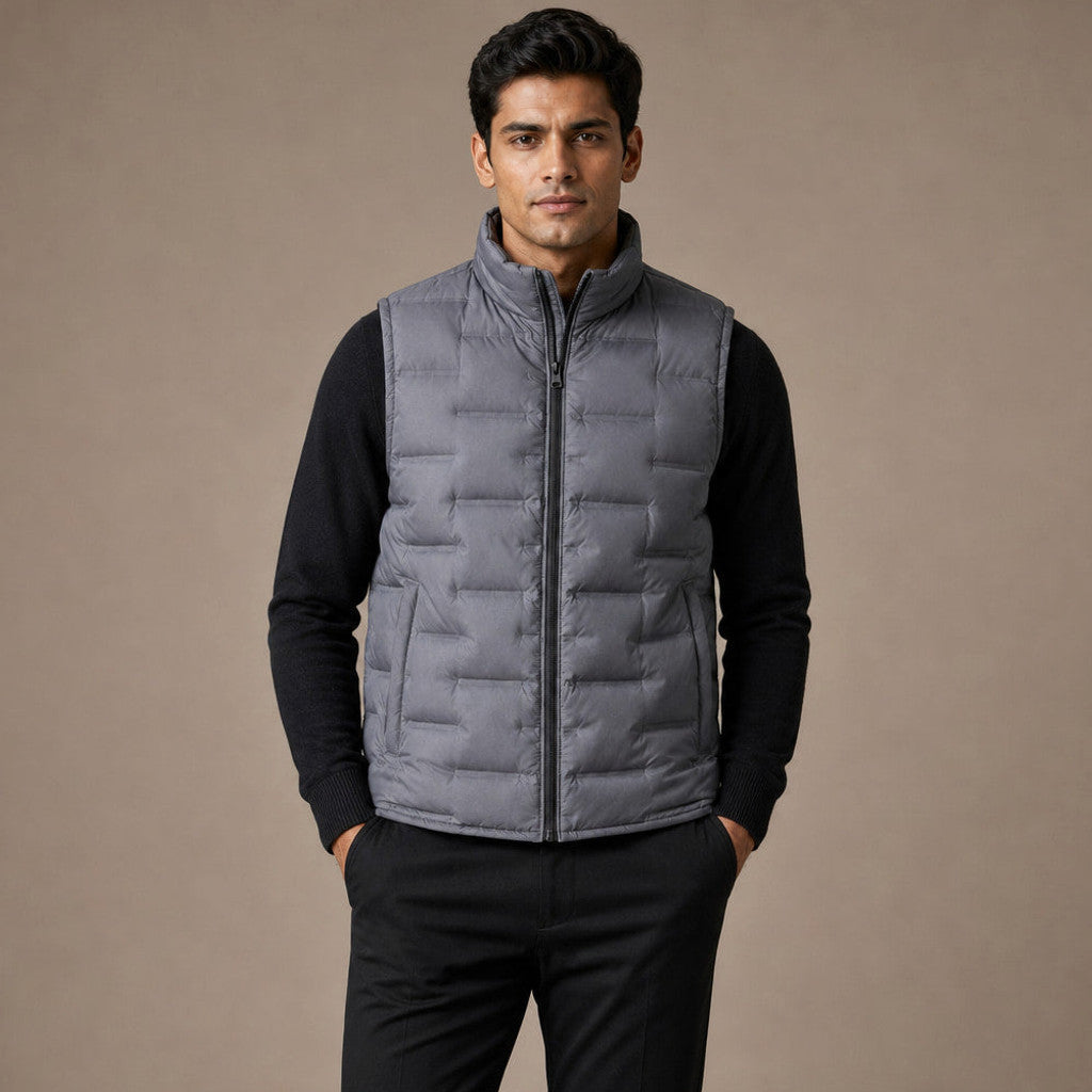 Gray down puffer vest with ribbed stand collar