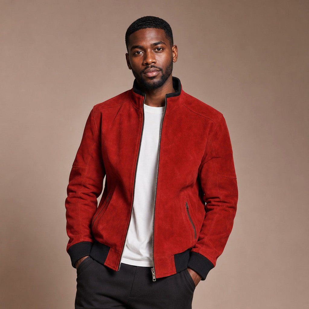 Crimson red suede bomber jacket with ribbed collar and full zip