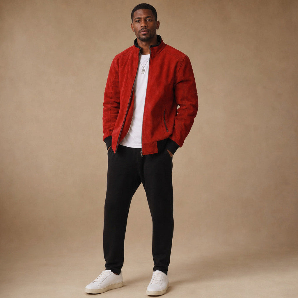 Stafford | Suede Bomber Jacket Wool Lined Crimson Red – Product Photo
