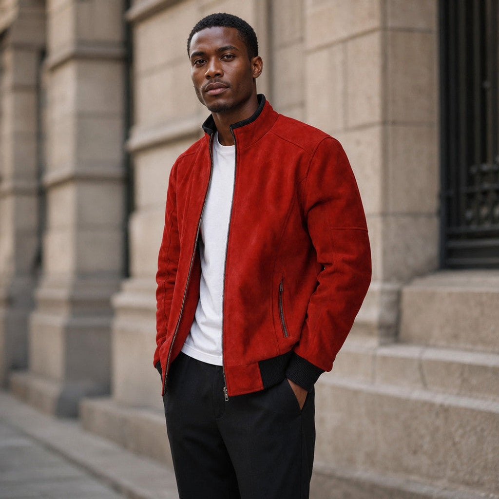 Stafford | Suede Bomber Jacket Wool Lined Crimson Red – Product Photo