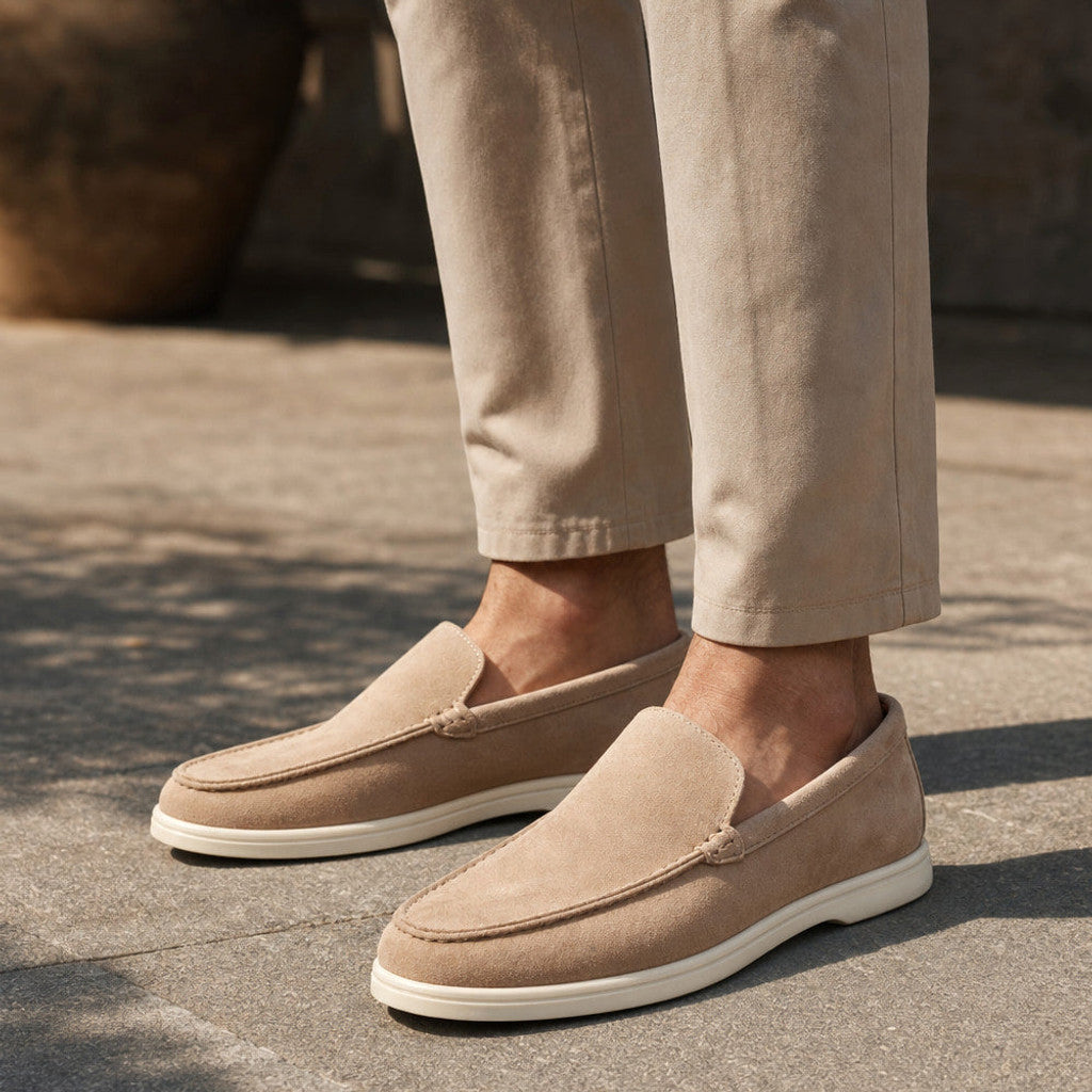 Man wearing beige suede driving loafers with cropped chinos