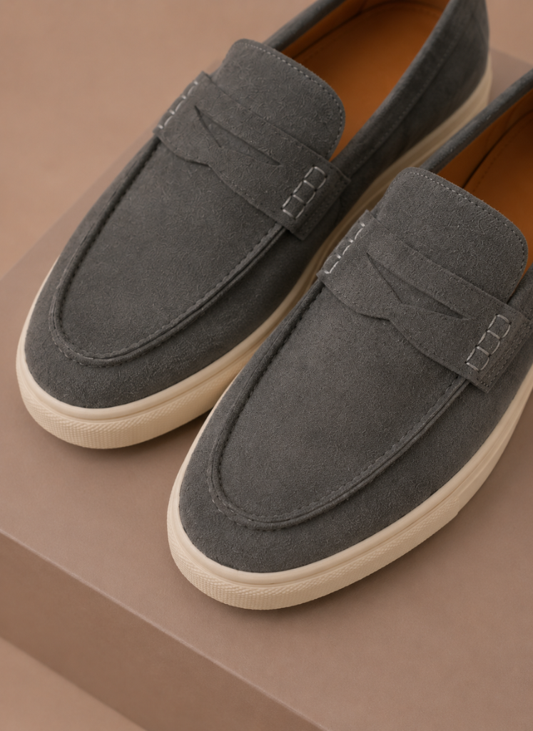 Model wearing suede penny loafers in brown – Tomosino