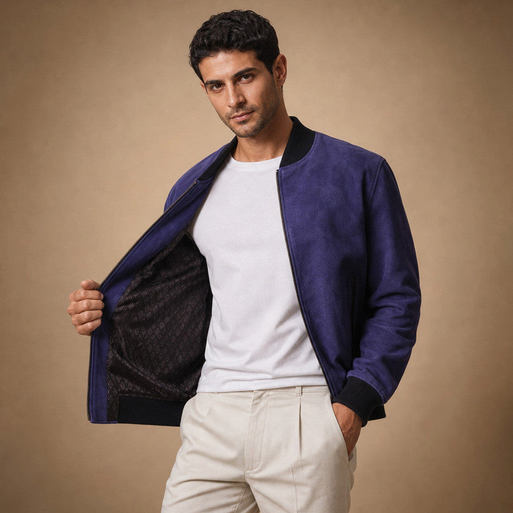 Man wearing indigo suede bomber jacket over a sweatshirt with dark denim