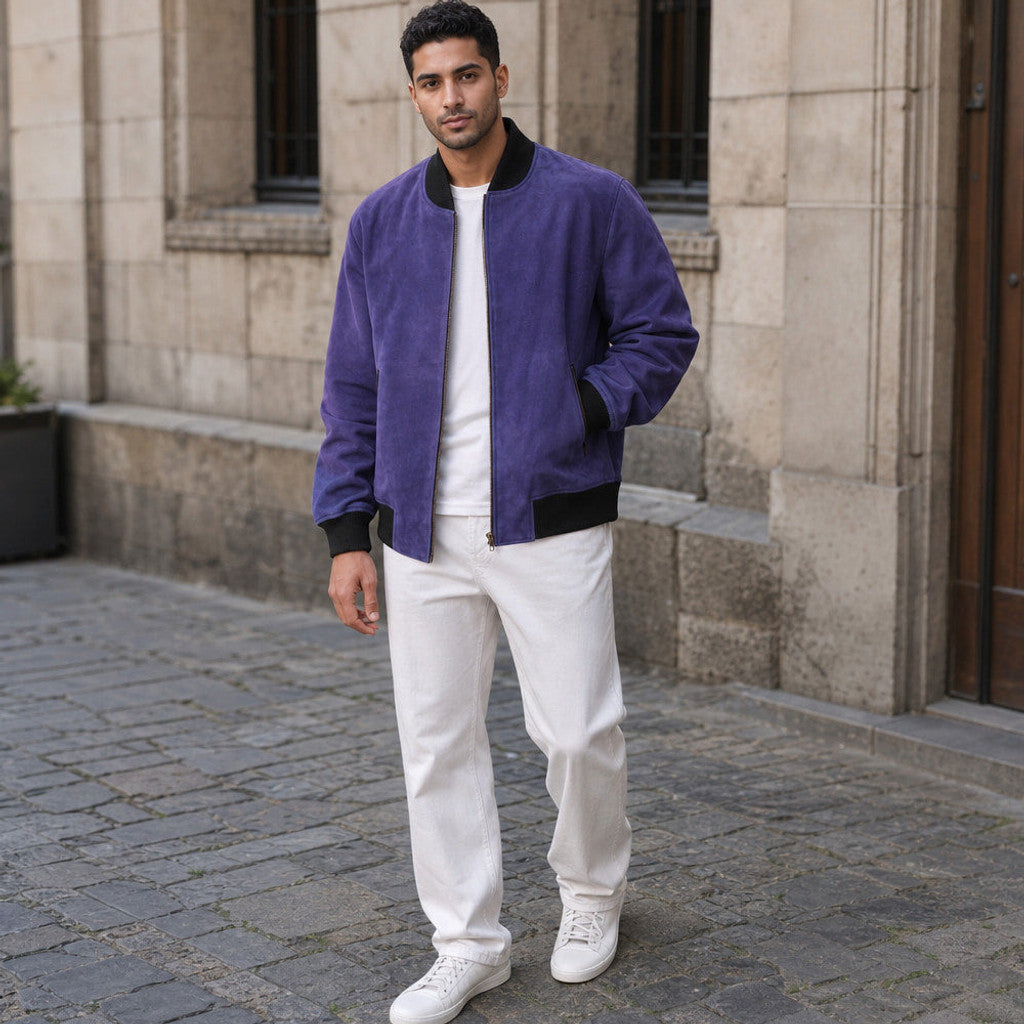 Tobias | Suede Bomber Jacket Indigo – Product Photo