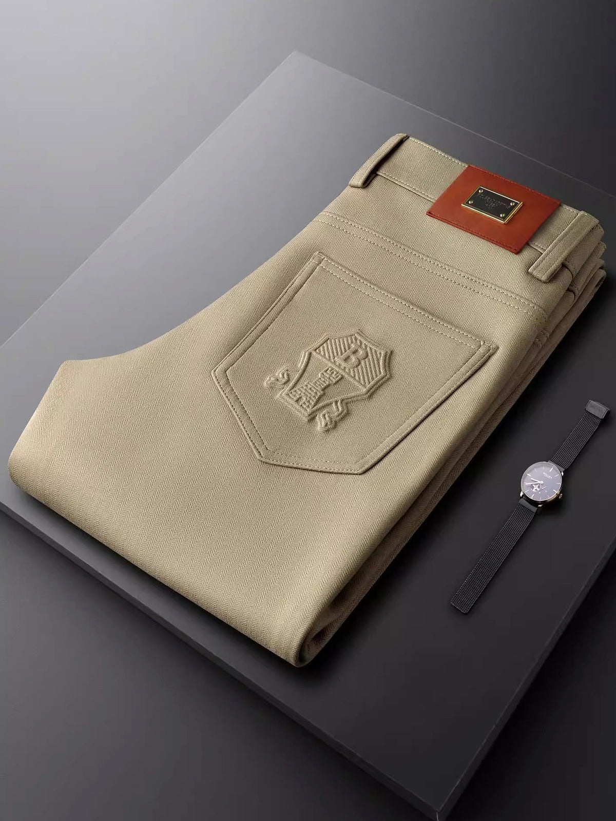 Halvex | Trouser Herringbone Tailored Tonal Crest Embroidery