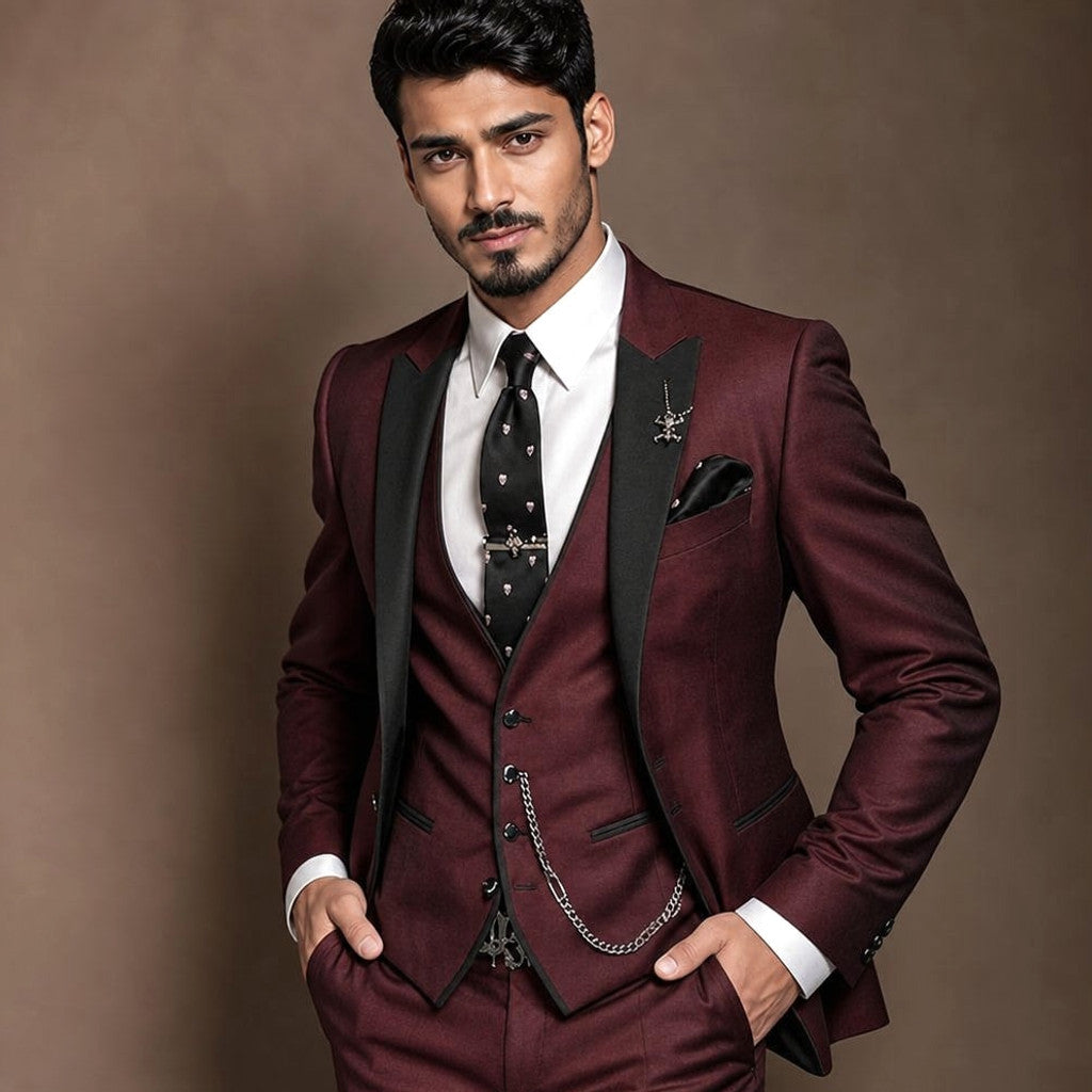 3-Piece Men's Suit Set Blazer Waistcoat Trousers Burgundy – Side Angle View