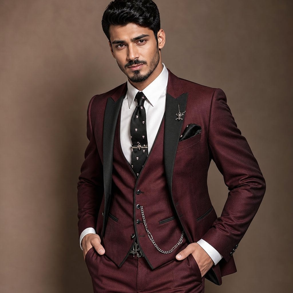 3-Piece Men's Suit Set Blazer Waistcoat Trousers Burgundy – Side Angle View