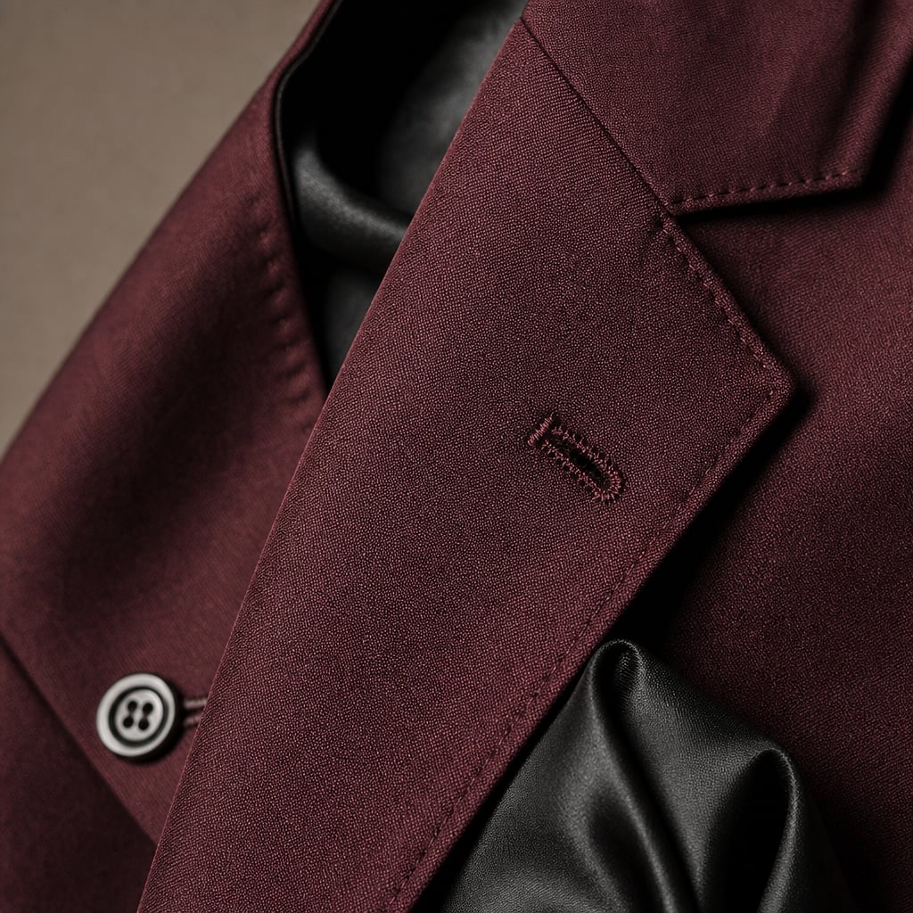 3-Piece Men's Suit Set Blazer Waistcoat Trousers Burgundy – Fabric and Detail Close-Up