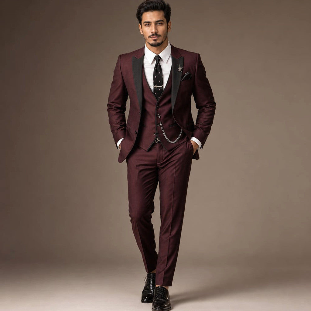 3-Piece Men's Suit Set Blazer Waistcoat Trousers Burgundy – Product Photo