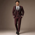 3-Piece Men's Suit Set Blazer Waistcoat Trousers Burgundy – Product Photo