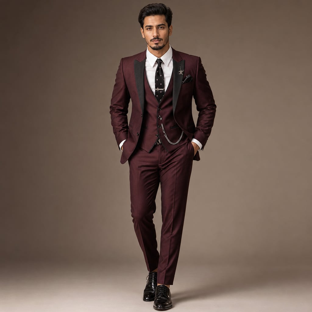3-Piece Men's Suit Set Blazer Waistcoat Trousers Burgundy – Product Photo