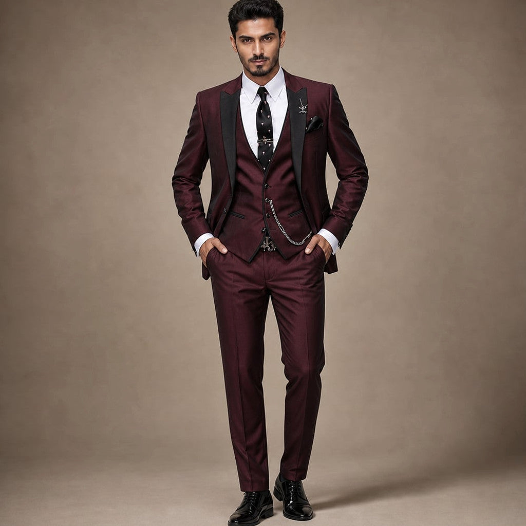 3-Piece Men's Suit Set Blazer Waistcoat Trousers in Burgundy – Tomosino Premium Menswear