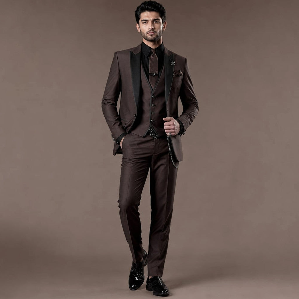3-Piece Men's Suit Set Blazer Waistcoat Trousers Coffee – Product Photo