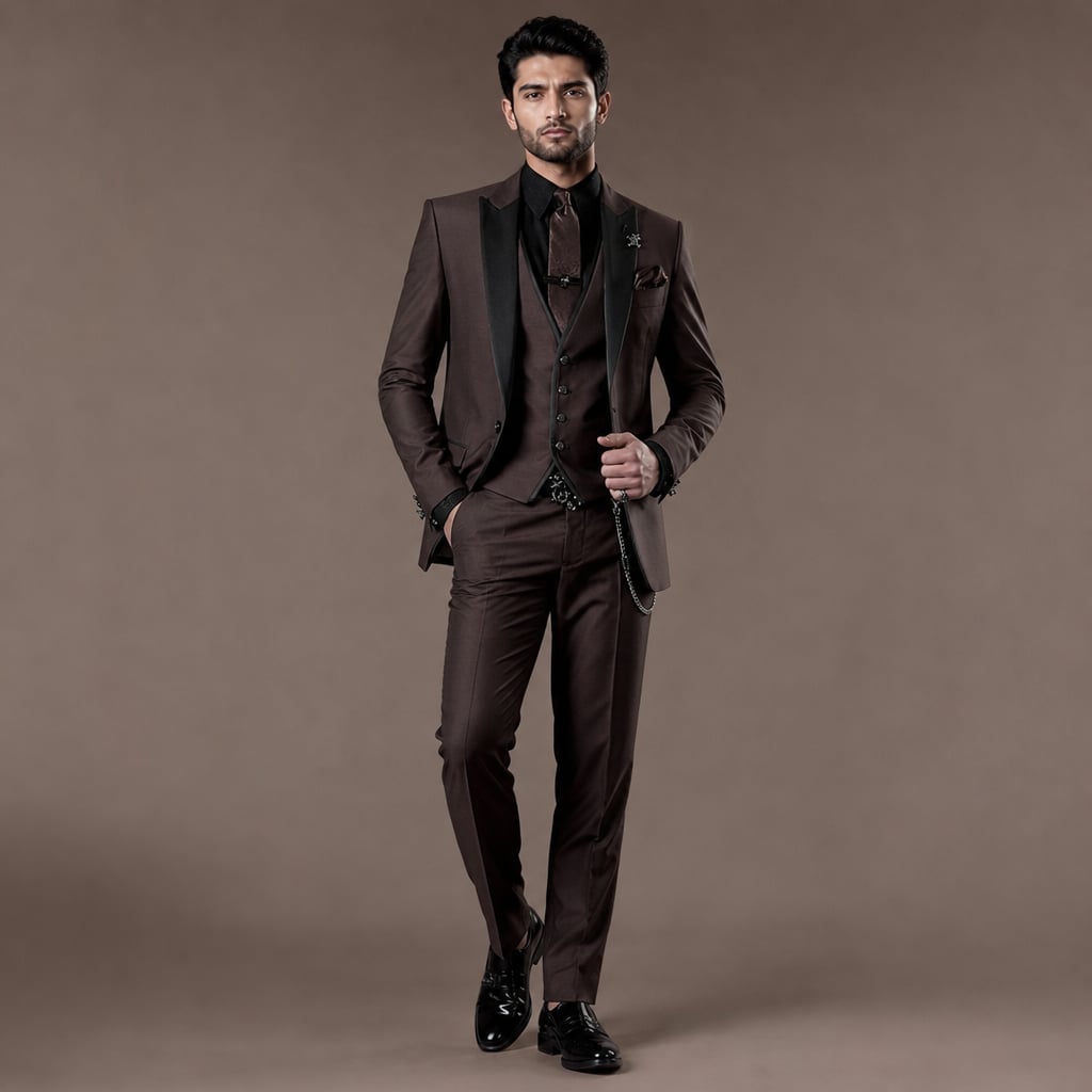 3-Piece Men's Suit Set Blazer Waistcoat Trousers Coffee – Product Photo