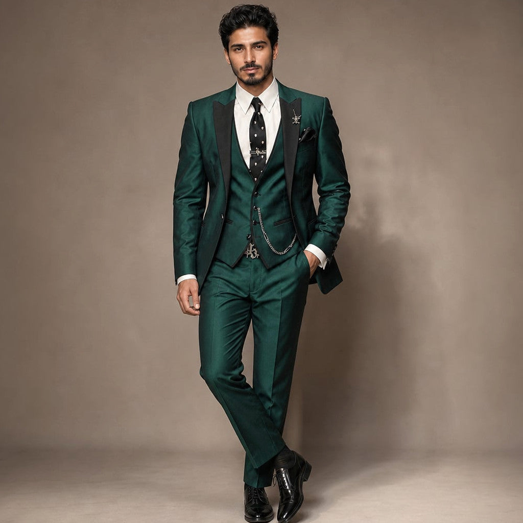 3-Piece Men's Suit Set Blazer Waistcoat Trousers Dark Green – Product Photo