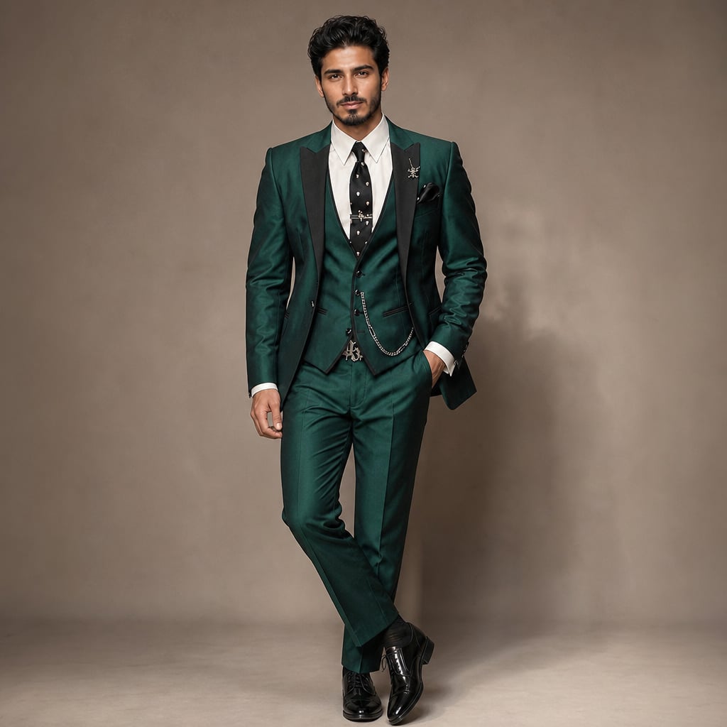 3-Piece Men's Suit Set Blazer Waistcoat Trousers Dark Green – Product Photo