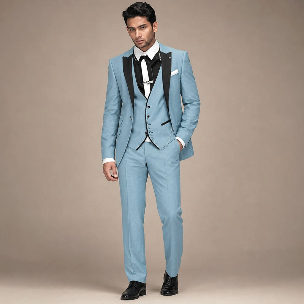 3-Piece Men's Suit Set Blazer Waistcoat Trousers Light Blue – Product Photo