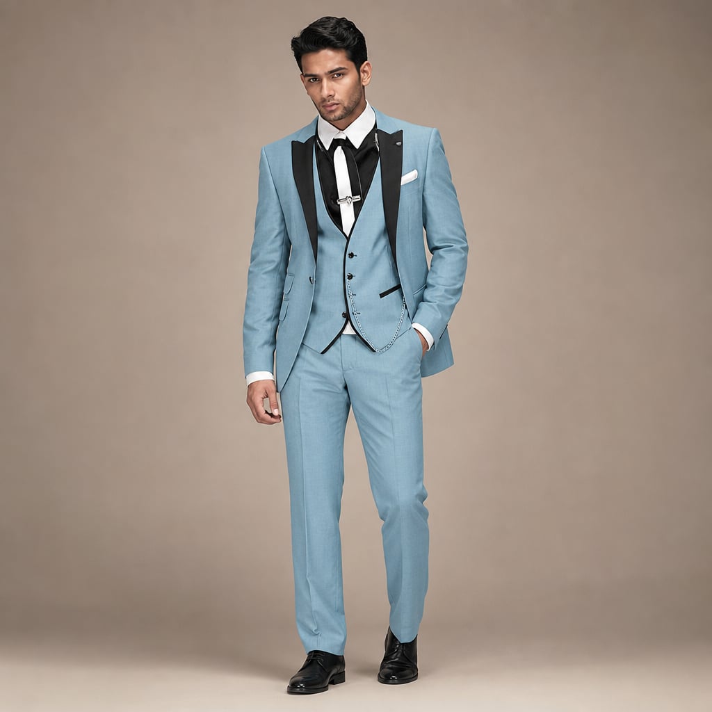 3-Piece Men's Suit Set Blazer Waistcoat Trousers Light Blue – Product Photo