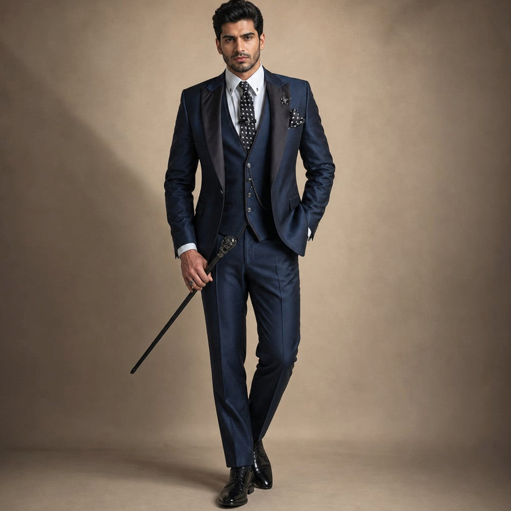 3-Piece Men's Suit Set Blazer Waistcoat Trousers Navy Blue – Product Photo