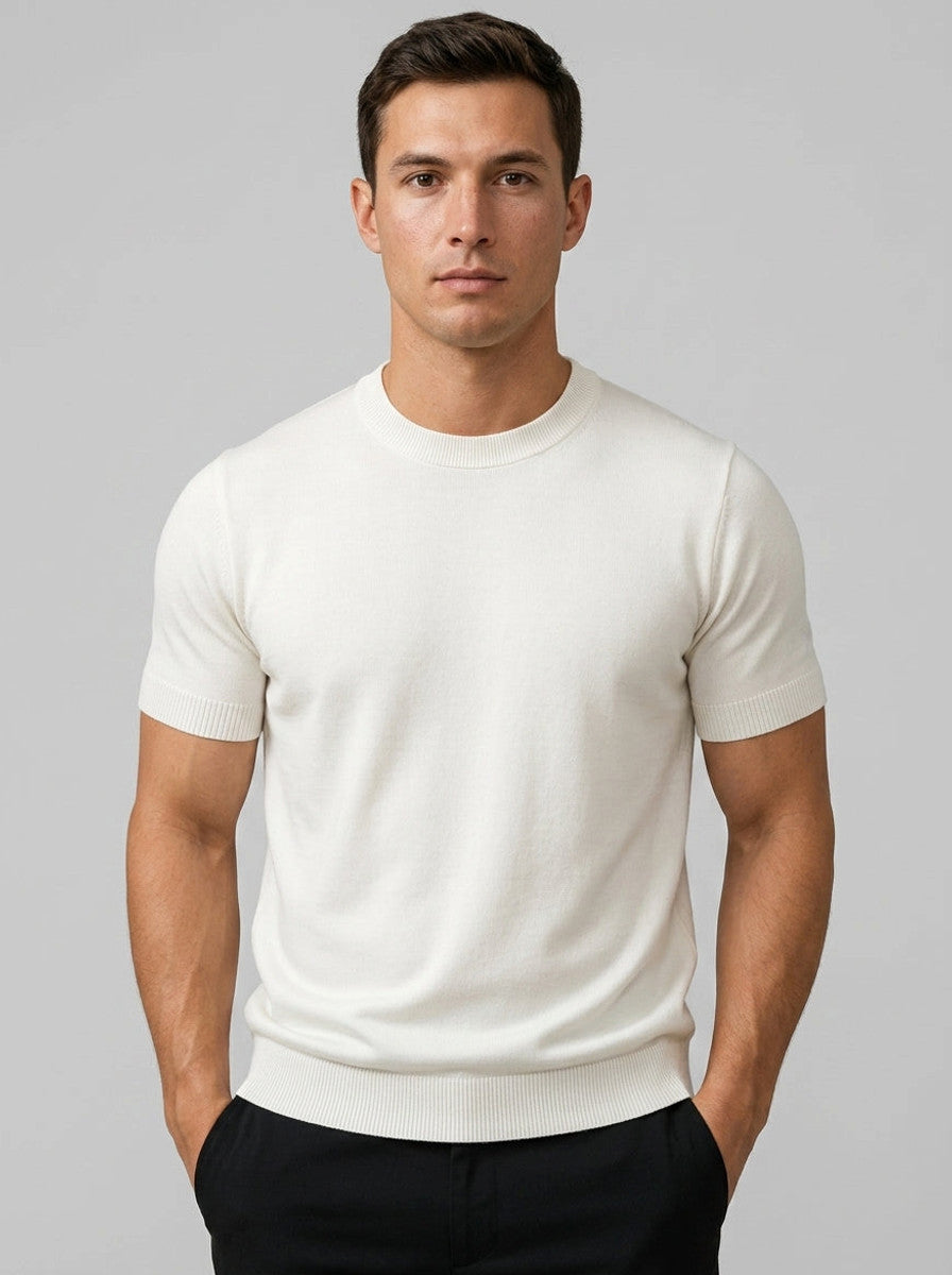 Knit Crew Neck Tee — On Model - Upper Body | Generated by Modelize