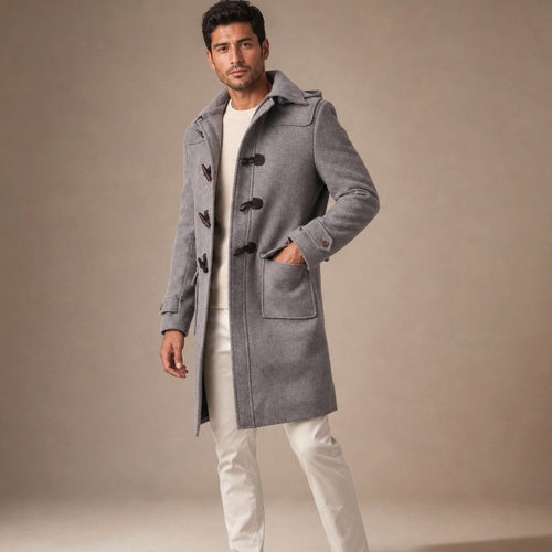 Alderley | Duffle Coat Detachable Hood Grey Grey – Side Angle View