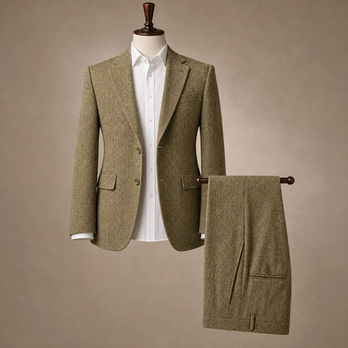 Alderwick | Three Piece Suit Herringbone Modern Fit Khaki – Product Photo