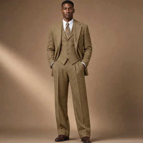Alderwick | Three Piece Suit Herringbone Modern Fit in Khaki – Premium Editorial