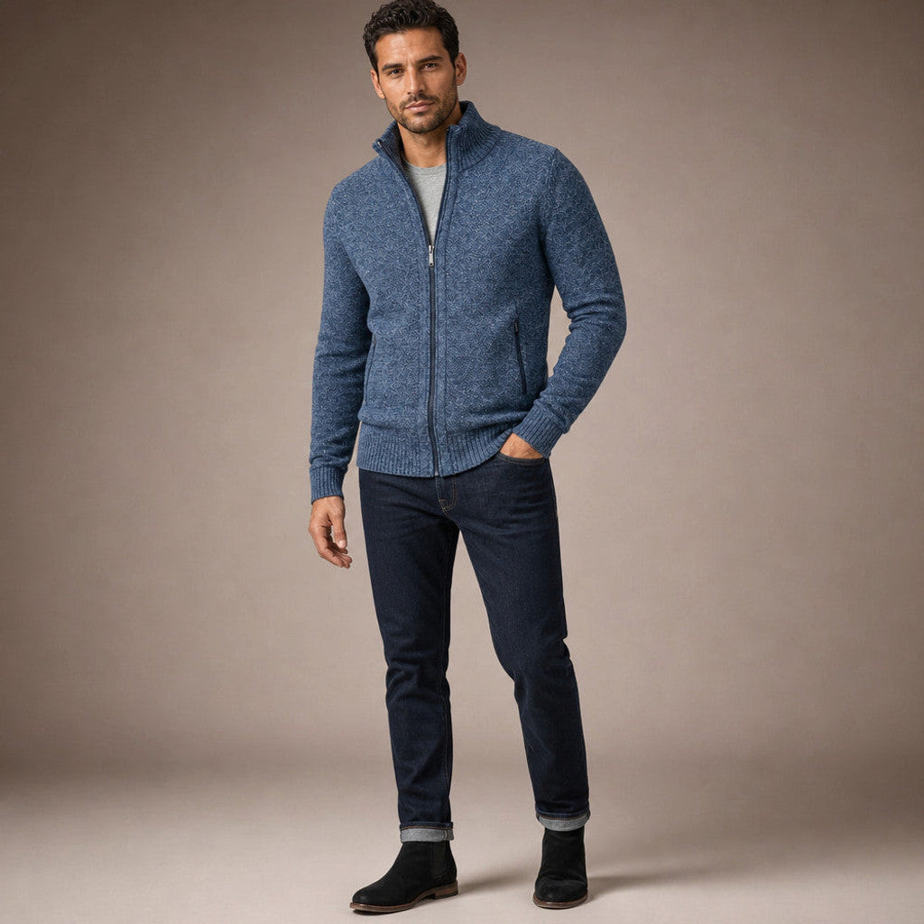 Aldous | Quarter Zip Sweater Merino Knit Slim Fit Blue – Side Angle View