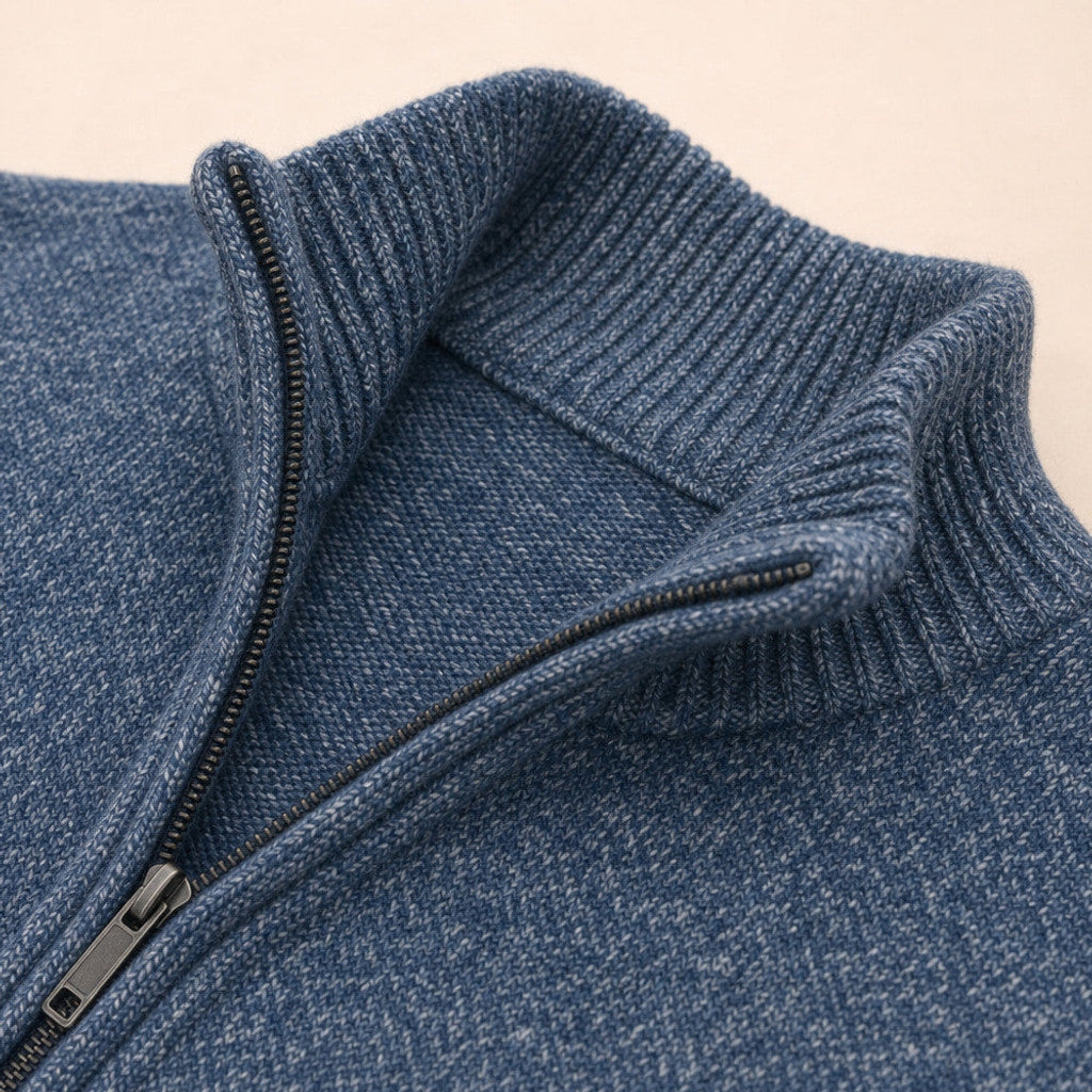 Aldous | Quarter Zip Sweater Merino Knit Slim Fit Blue – Fabric and Detail Close-Up