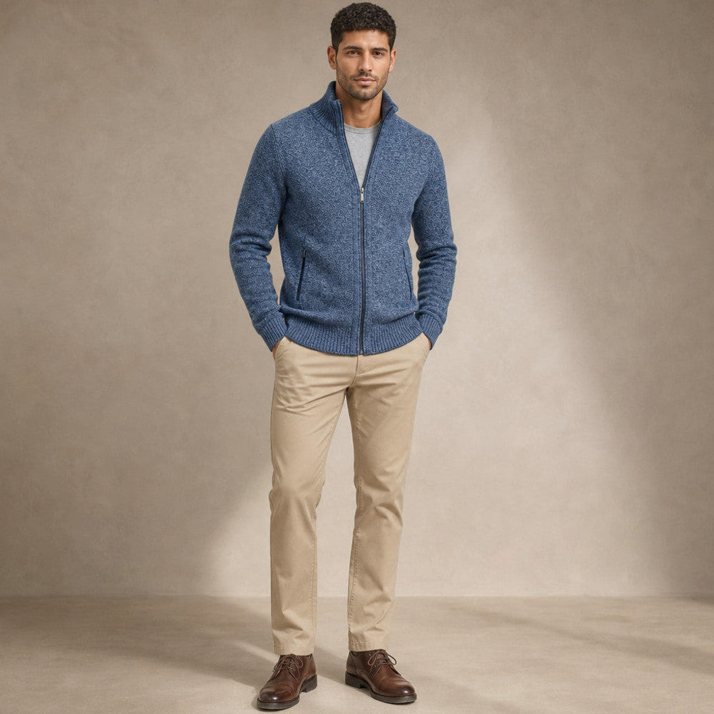 Aldous | Quarter Zip Sweater Merino Knit Slim Fit Blue – Full Look