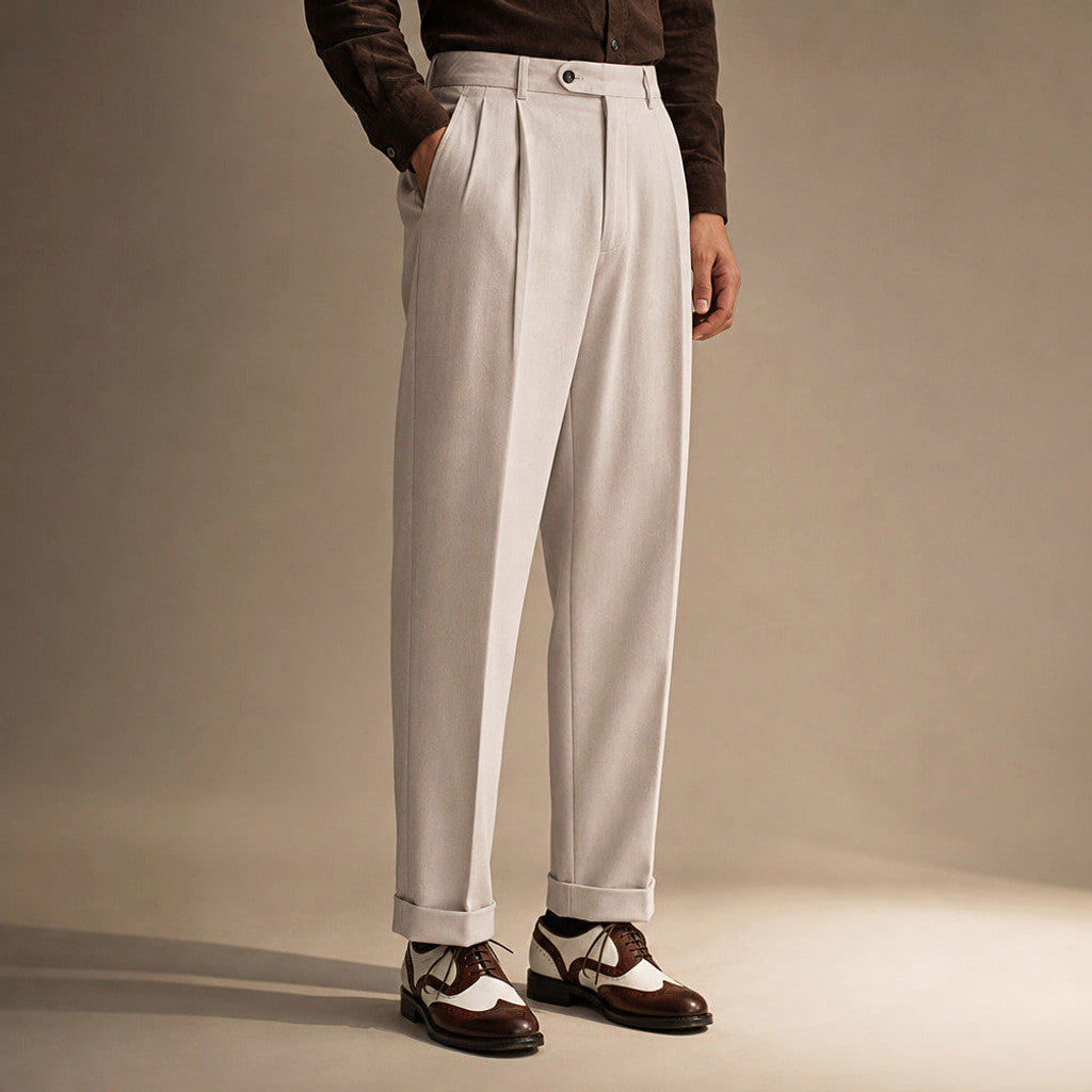 Alverstone | Dress Pants Pleated Front Cuffed Hem Beige – Side Angle View