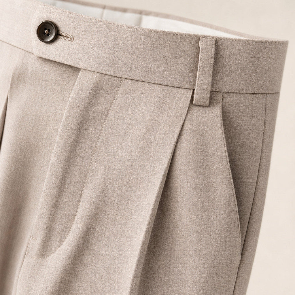 Alverstone | Dress Pants Pleated Front Cuffed Hem Beige – Fabric and Detail Close-Up