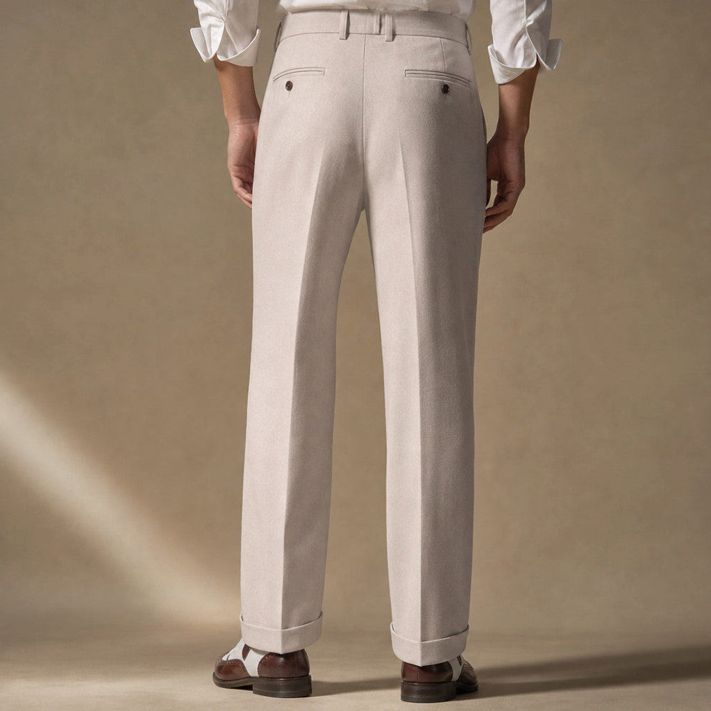 Alverstone | Dress Pants Pleated Front Cuffed Hem Beige – Full Look