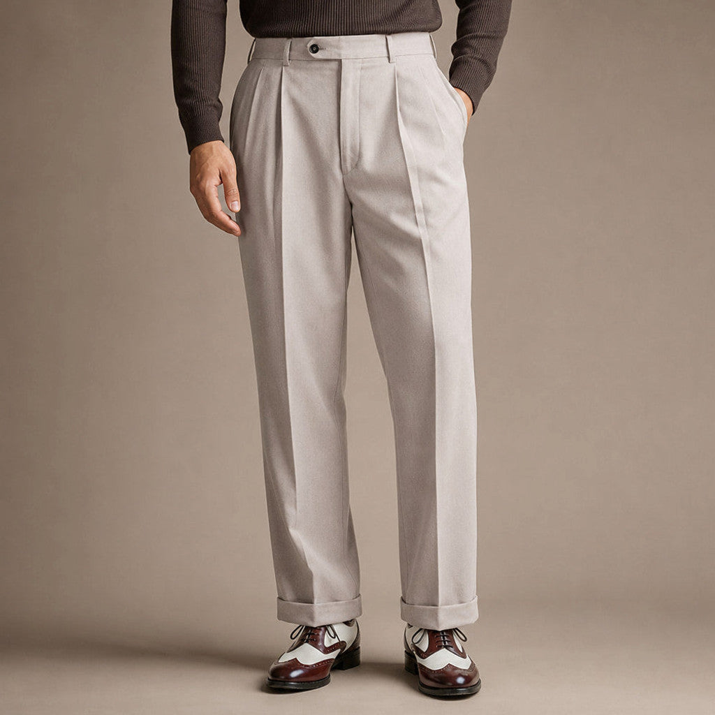 Alverstone | Dress Pants Pleated Front Cuffed Hem Beige – Product Photo