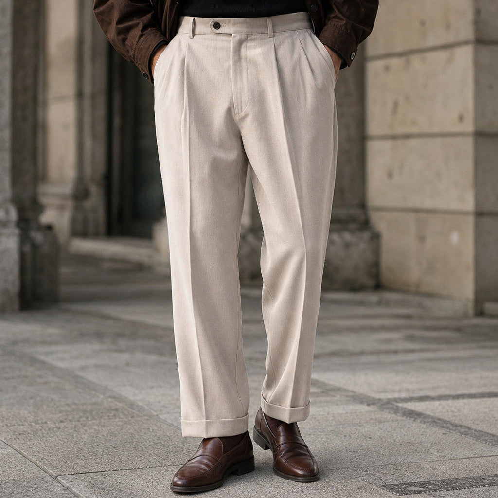 Alverstone | Dress Pants Pleated Front Cuffed Hem Beige – Styled Editorial Shot