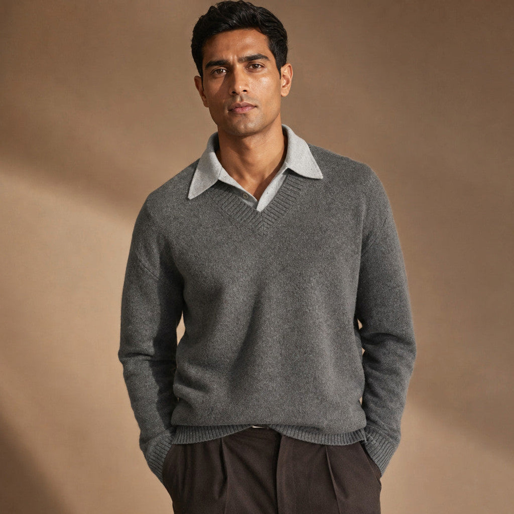 Alverton | Layered V-Neck Jumper Mock Collar Grey – Product Photo