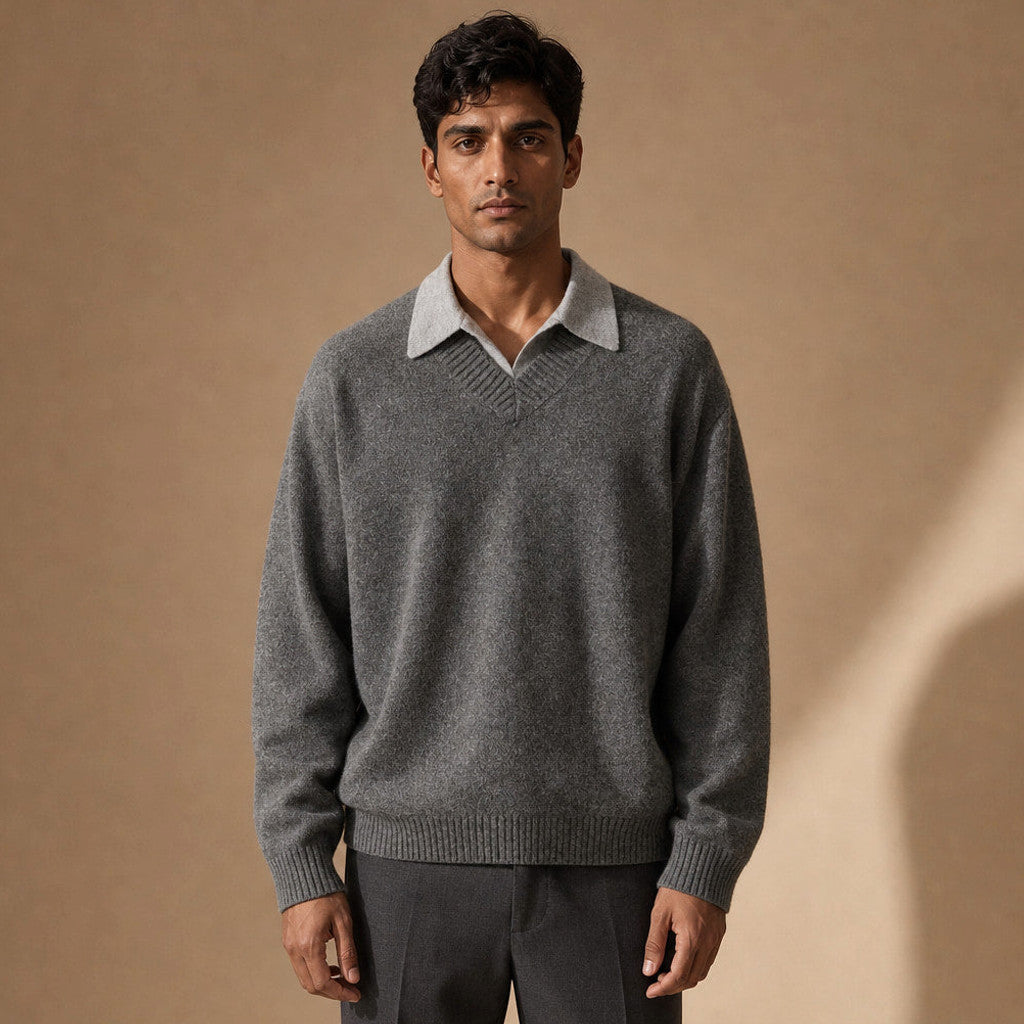 Alverton | Layered V-Neck Jumper Mock Collar in Grey – Premium Editorial