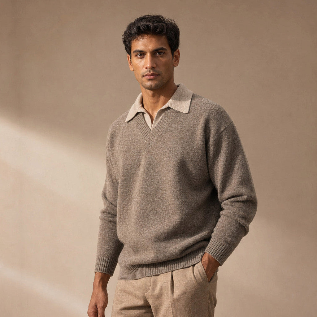 Alverton | Layered V-Neck Jumper Mock Collar Taupe – Side Angle View
