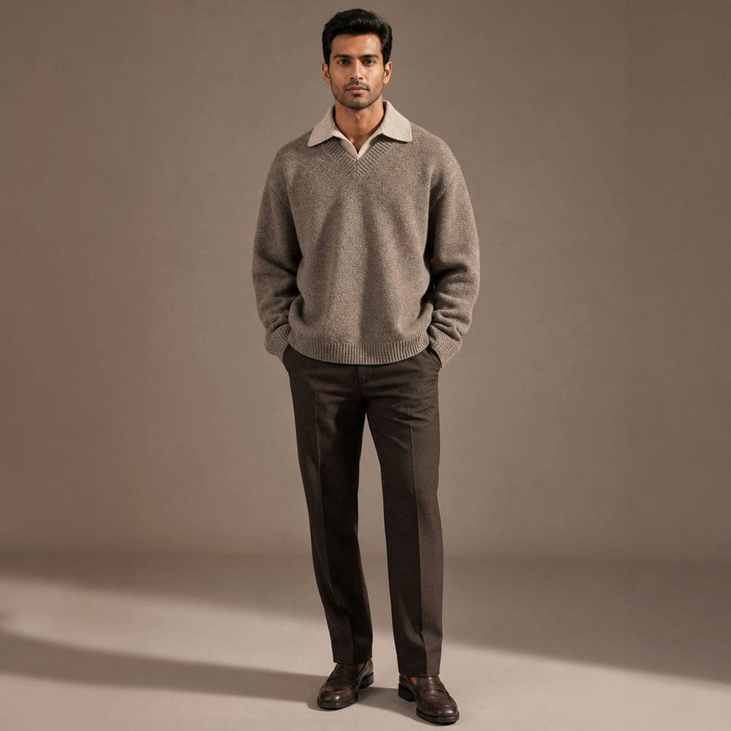 Alverton | Layered V-Neck Jumper Mock Collar Taupe – Full Look