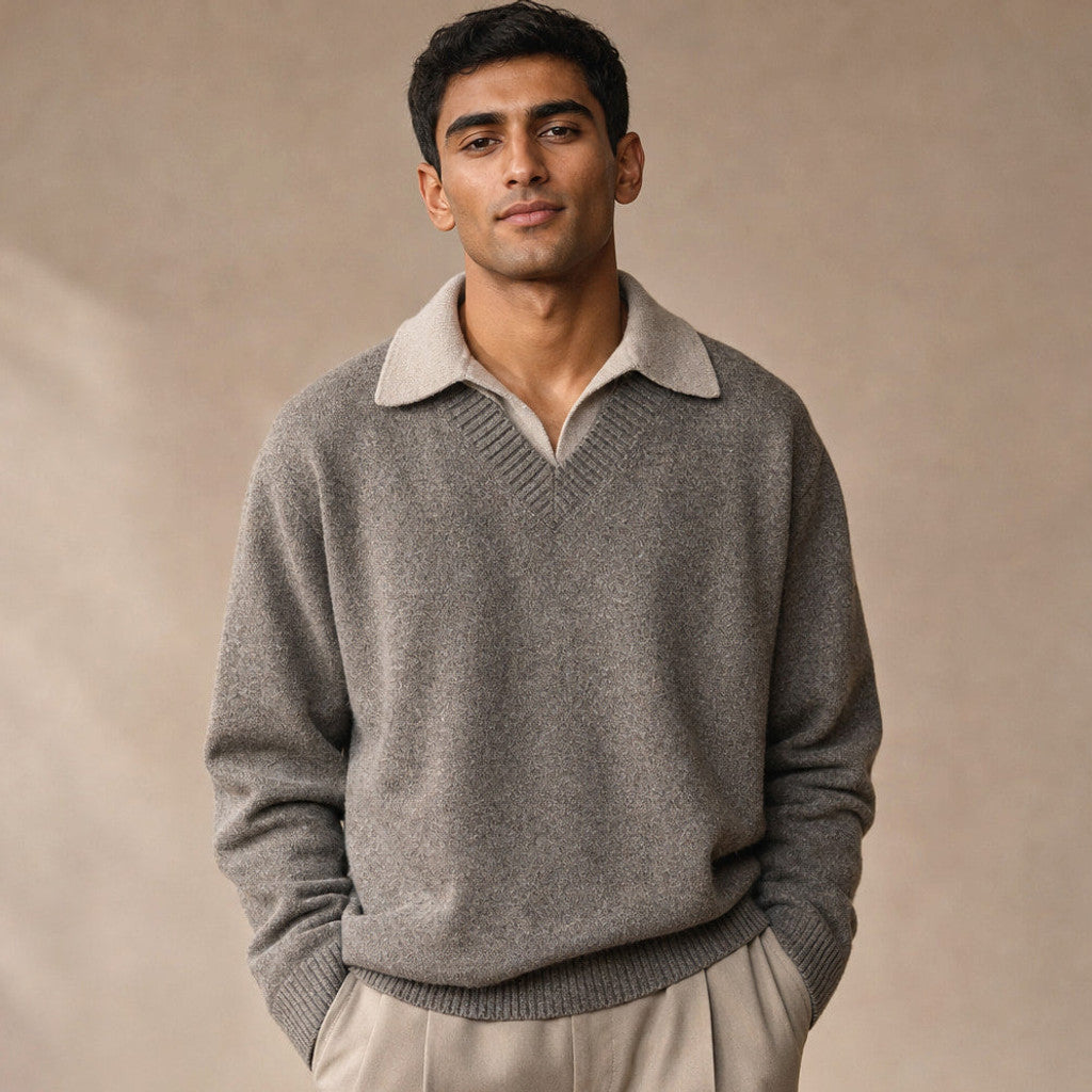 Alverton | Layered V-Neck Jumper Mock Collar Taupe – Product Photo