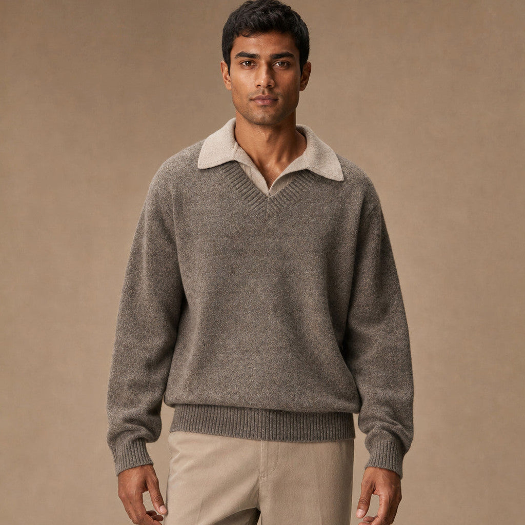 Alverton | Layered V-Neck Jumper Mock Collar in Taupe – Premium Editorial