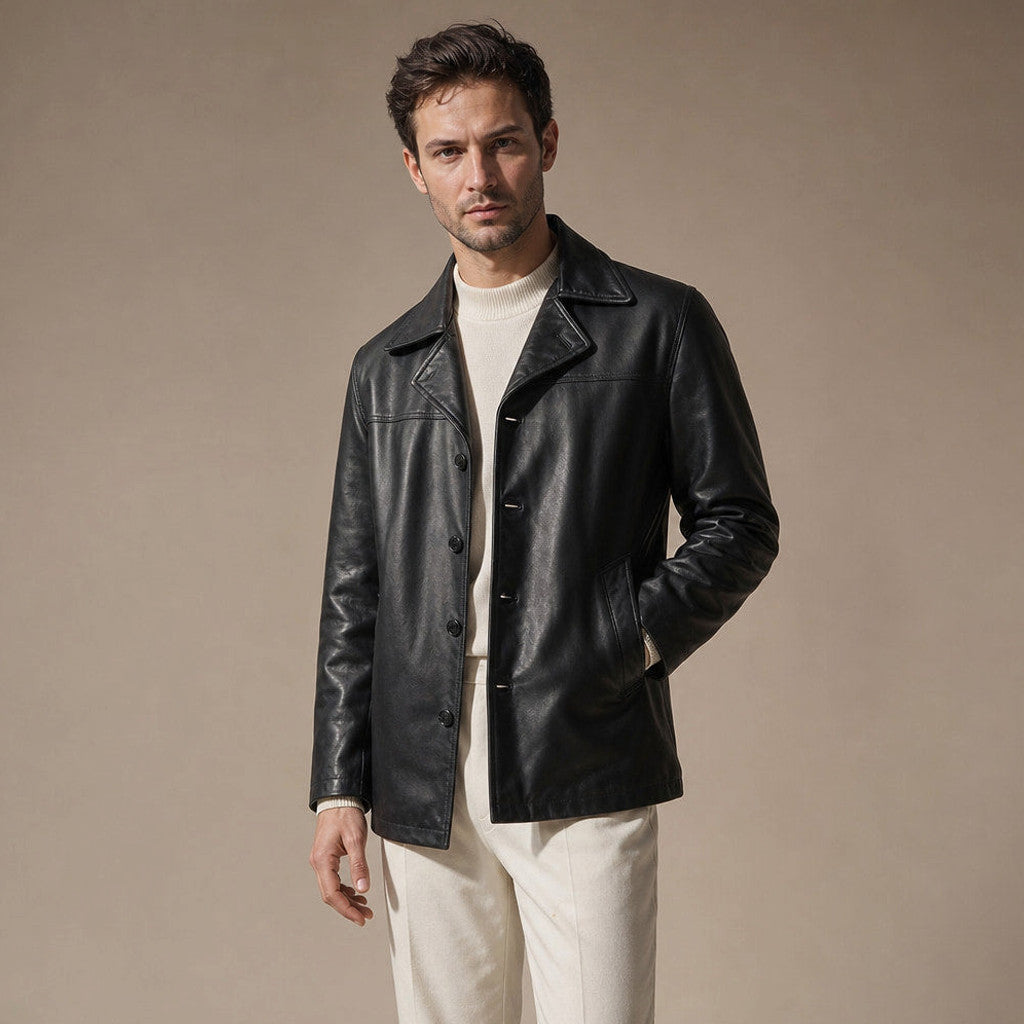 Ardenne | Leather Coat Notch Collar Black Black – Side Angle View