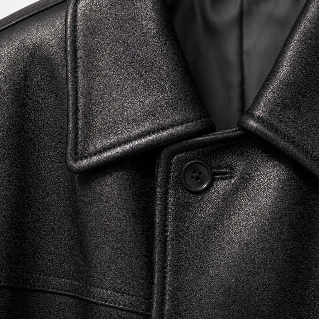 Ardenne | Leather Coat Notch Collar Black Black – Fabric and Detail Close-Up