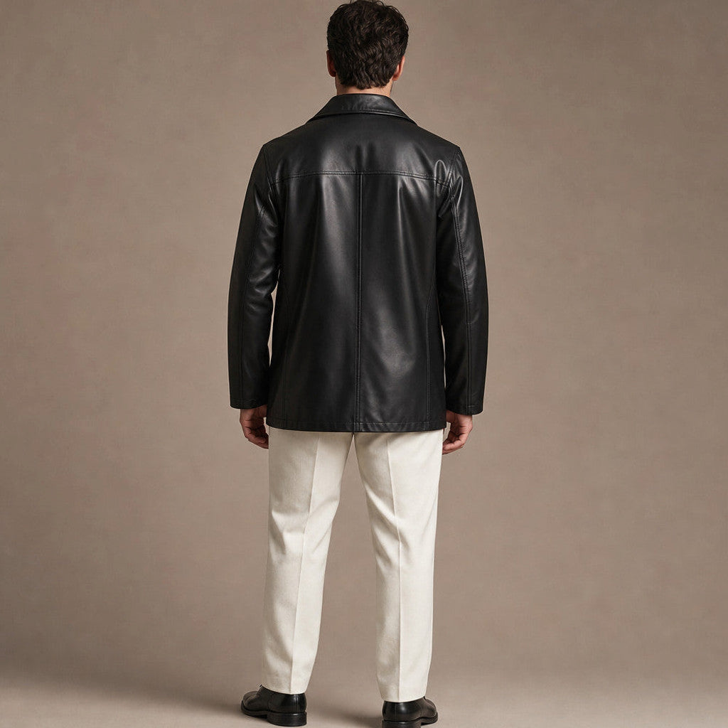 Ardenne | Leather Coat Notch Collar Black Black – Full Look