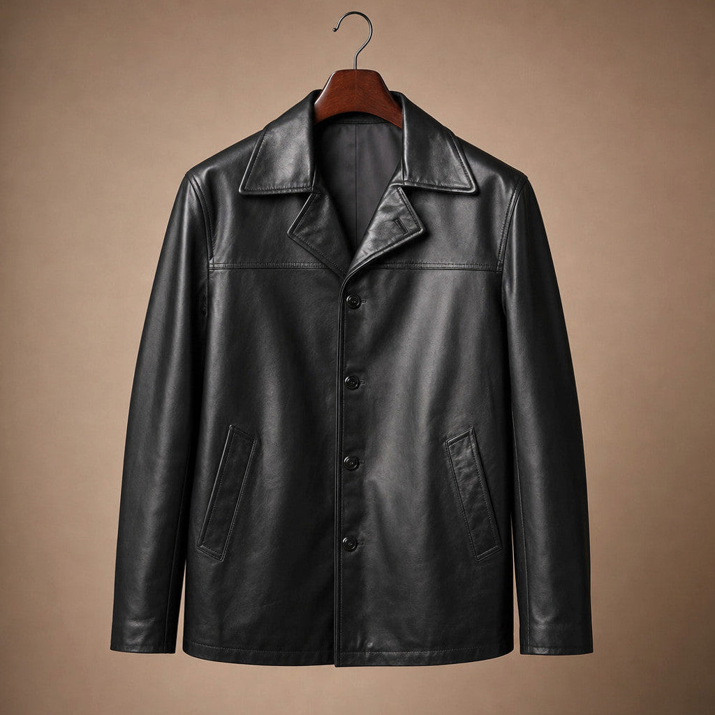 Ardenne | Leather Coat Notch Collar Black Black – Product Photo