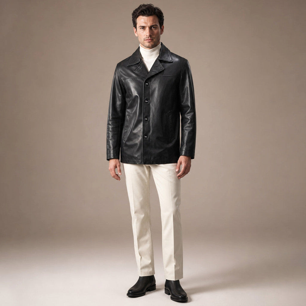 Ardenne | Leather Coat Notch Collar Black in Black – Premium Editorial