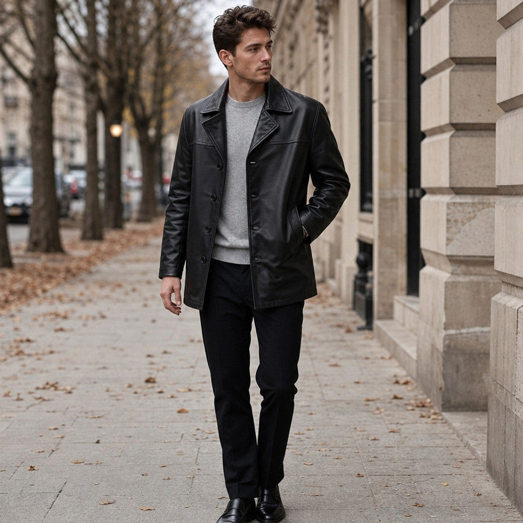 Ardenne | Leather Coat Notch Collar Black Black – Styled Editorial Shot
