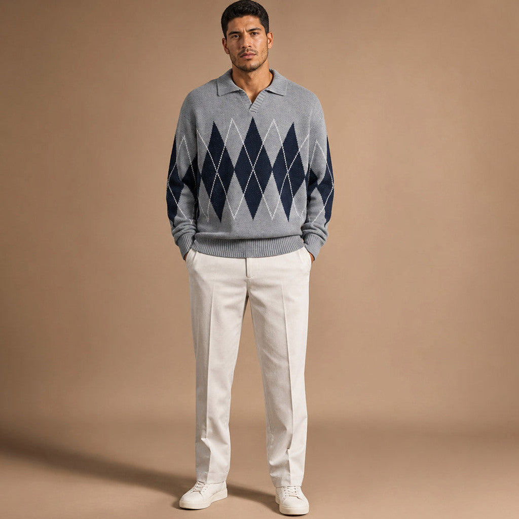 Ardleigh | Argyle Knit Jumper Structured Collar Grey – Full Look