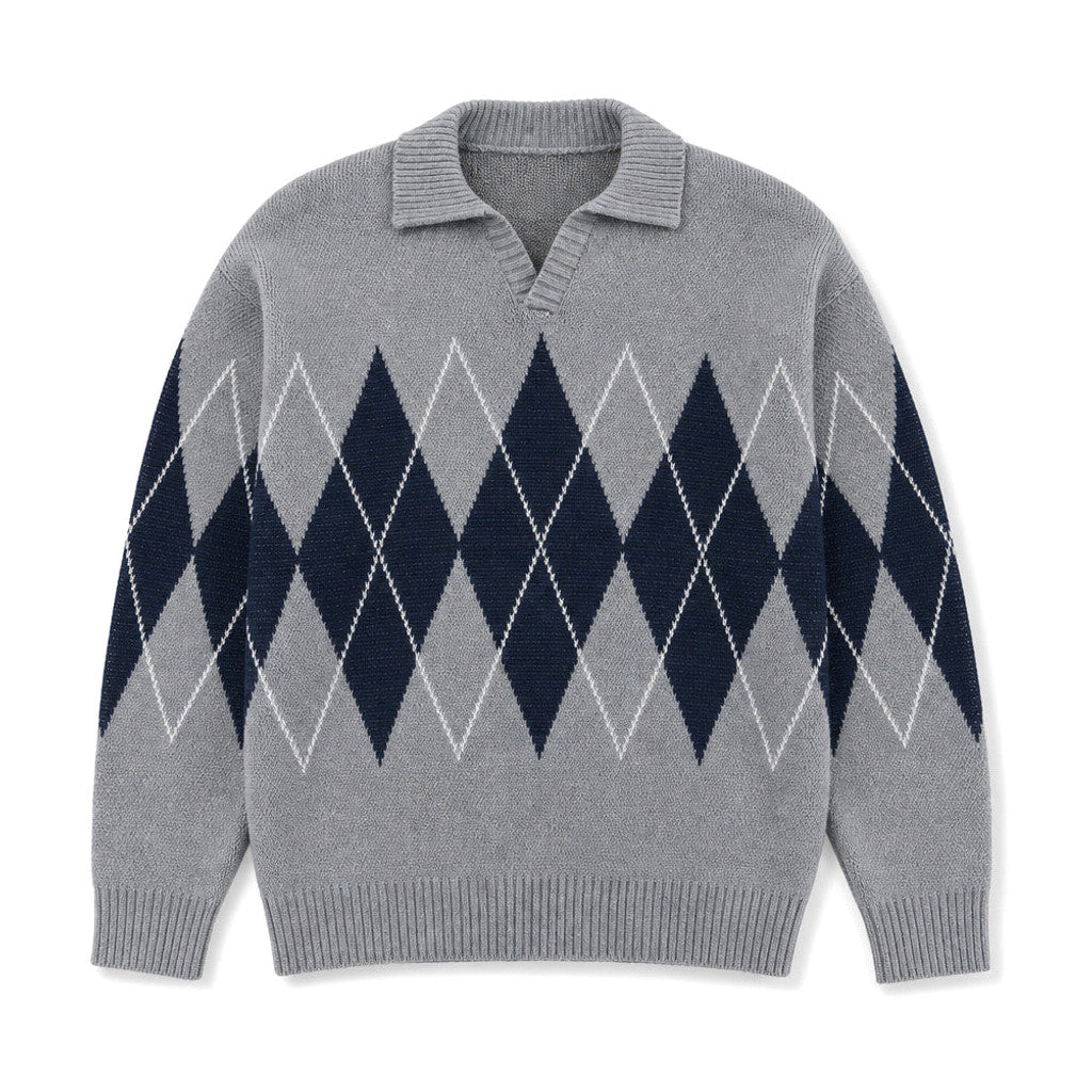 Ardleigh | Argyle Knit Jumper Structured Collar Grey – Product Photo