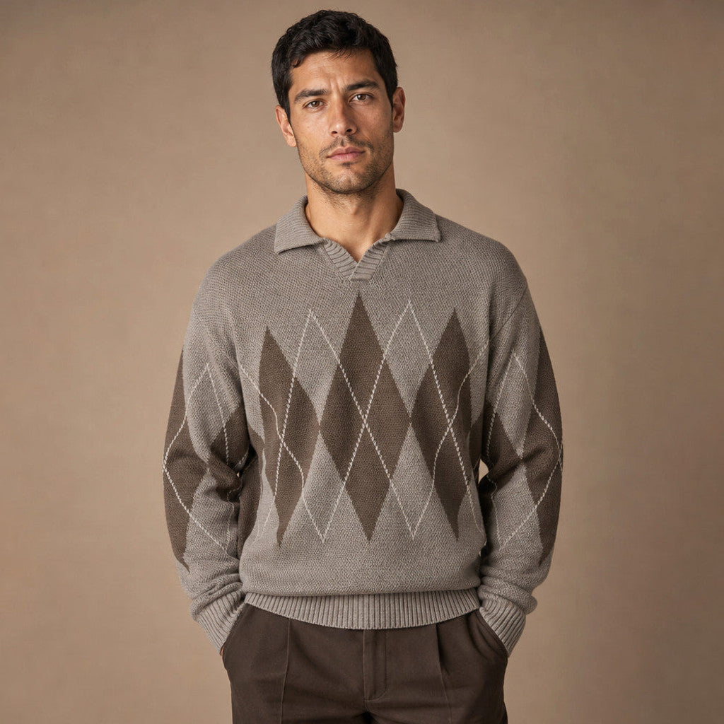 Ardleigh | Argyle Knit Jumper Structured Collar in Taupe – Premium Editorial
